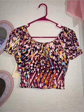 Decree Multicolor Abstract Print Crop Top - Pink, Yellow, Blue